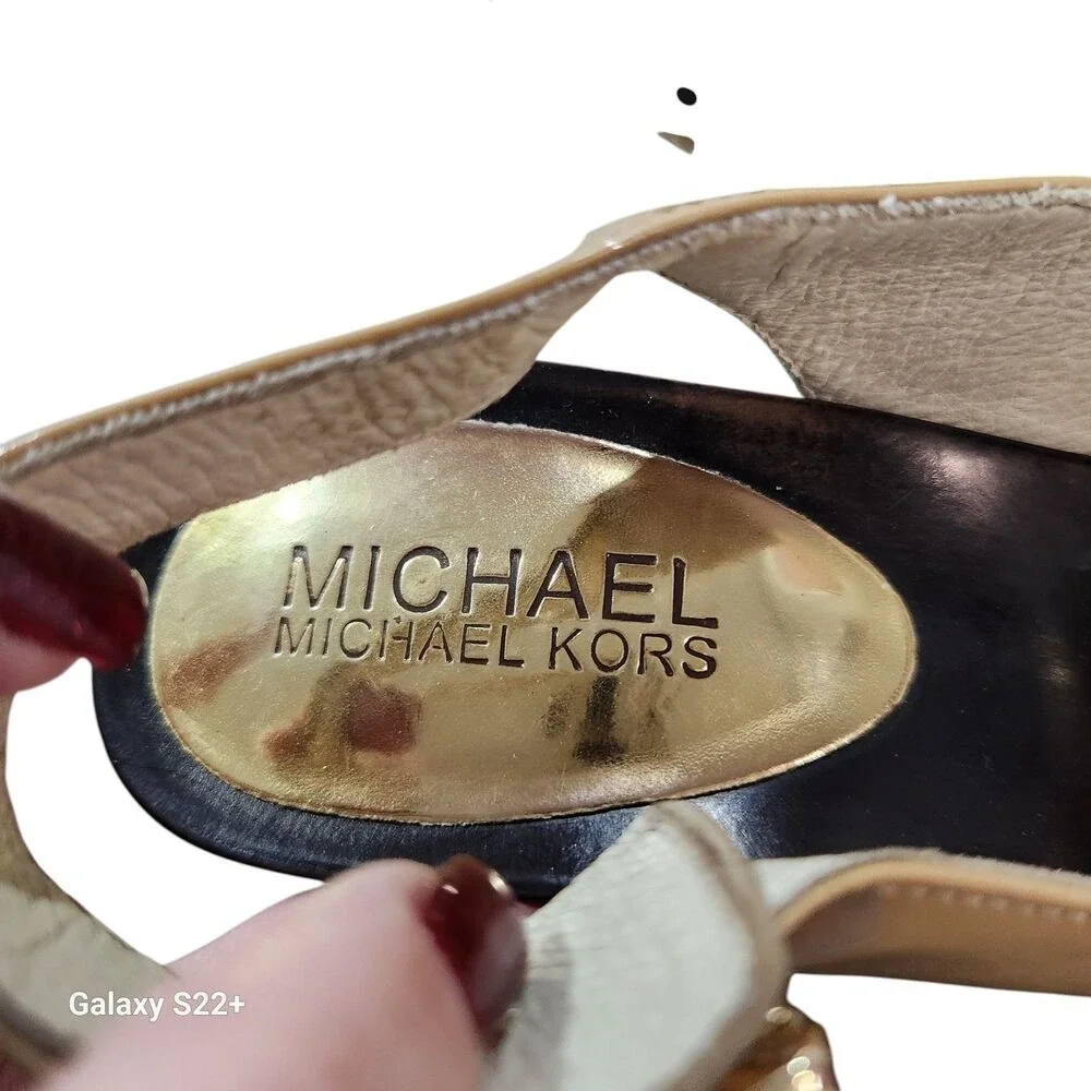 Michael Kors MK Logo Slingback Wedge Sandals Tan Patent Leather 7